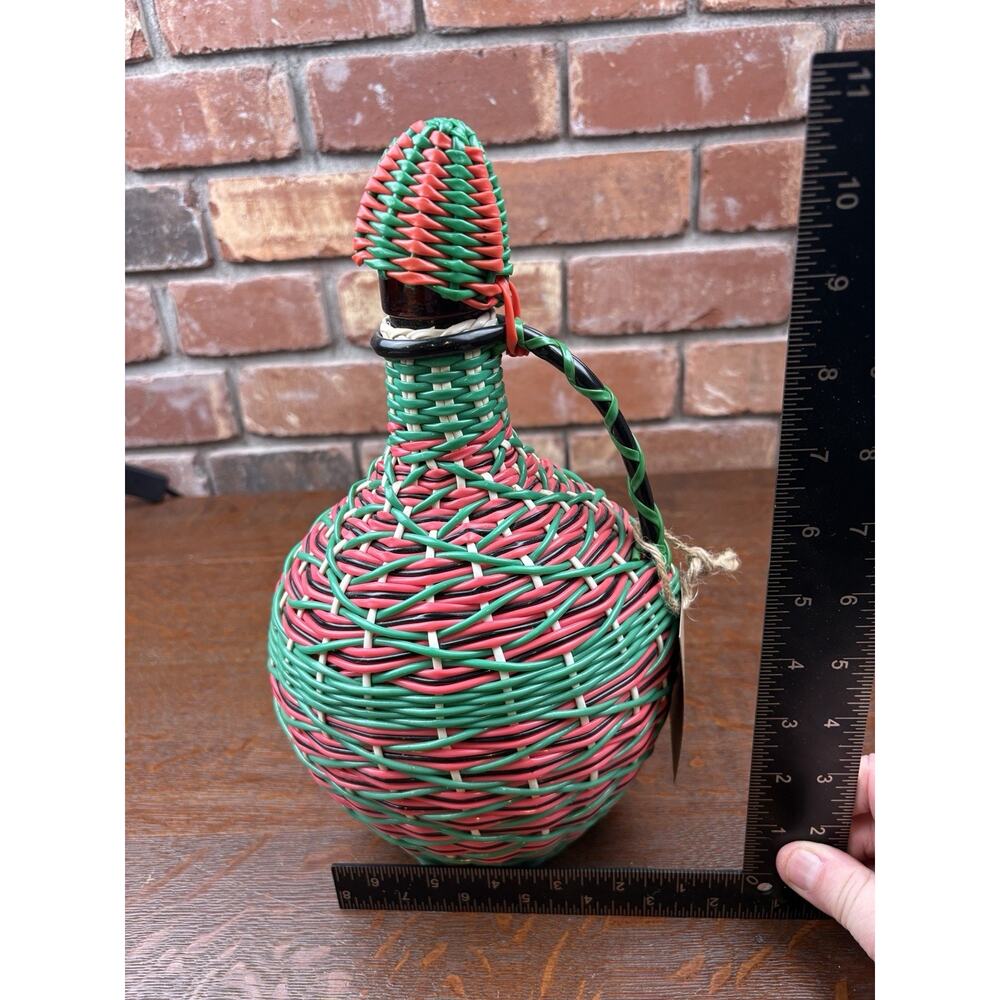 Vintage Viresa Labeled Spain Wine Bottle Plastic Woven Wicker Metal Handle 12”H